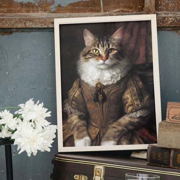 Countess Artemisia von Meow - Renaissance Cat with Dress and ruffled Collar, Satire Painting, Barock Art, Printable