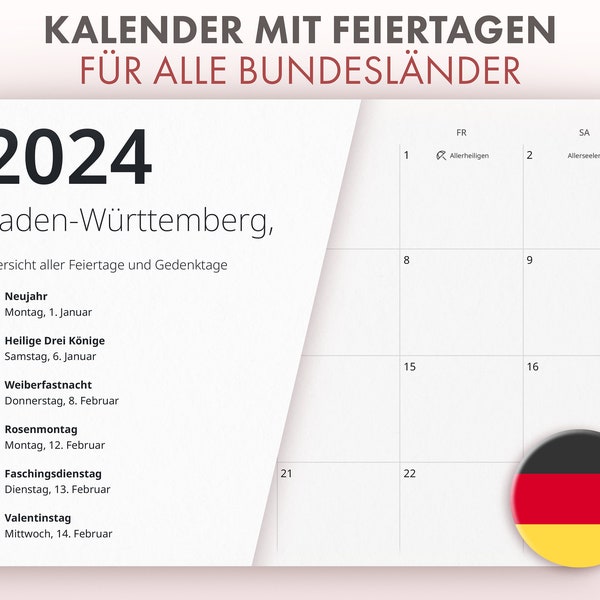 Kalender 2024 mit Feiertagen - Für alle Bundesländer und Regionen in Deutschland, Druckbarer Kalender als PDF