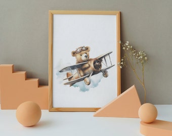 Pilotenbär Aquarell "Captain Theodore Bearington" - Teddybär Kunst, Kinderzimmer Deko, Spielzimmer Druck, Abenteuer Träume, Digitaldruck