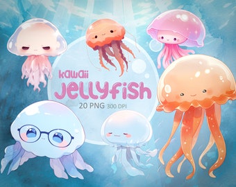 Süße Quallen Clipart, PNG Bundle, aquatische Stock Illustration, entzückende Meeresbewohner, Kawaii Illustration, Aufkleber 300 DPI, Digital