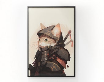 Katzen-Krieger Digitaldruck, pelziger Kriegsherr "Fangstrike", furchtloser Held, Anime-Katze, Samurai-Katze, hohe Auflösung, kommerzielle Lizenz