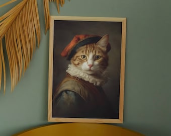 Orange-getigerter Monsieur Rouge Furlington, Digital Print, 8k, High Detail, Renaissance Katze, Rüschenkragen und Roter Hut | CMYK- und RGB-Farbtöne