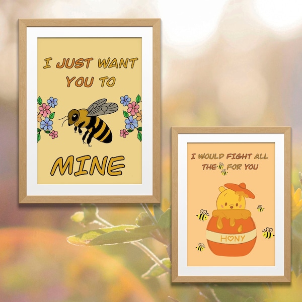 Cute Printable Art, Digital Art, Cute postcard, Love Postcard, Children Wall Art, Cute Wall Art, Bee Art, Winnie the Pooh postcard, Download