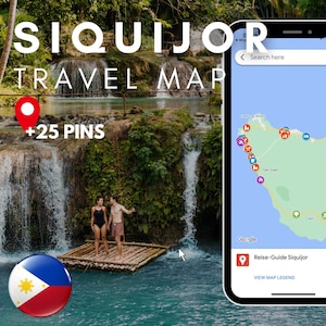 Può includere: Una mappa di viaggio di Siquijor, Filippine, con oltre 25 puntine che segnano punti di interesse. La mappa è visualizzata sullo schermo di uno smartphone con una puntina rossa che segna la posizione di una guida per l'isola. L'immagine mostra anche una coppia in piedi su una zattera di bambù in una piscina di cascata turchese.