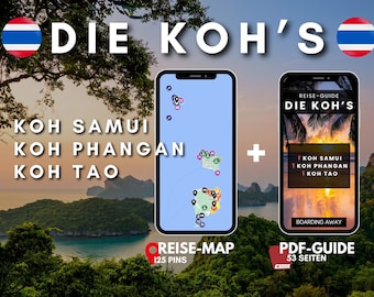 Pacchetto di 3: mappa di viaggio Koh Samui, Koh Phangan e Koh Tao (>120 pin) + e-book da 56 pagine (guida di viaggio, guida di viaggio Thailandia)