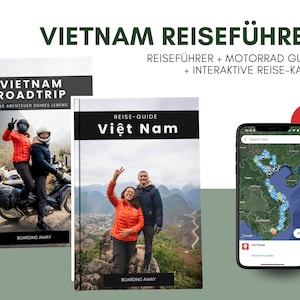 以下が含まれることがあります： バイクに乗ったカップルが表紙のベトナム旅行ガイドブック2冊。左側のガイドブックは「ベトナムロードトリップ」と題され、右側のガイドブックは「ベトナム」と題されている。右下にはベトナムの地図が表示された携帯電話が置かれている。