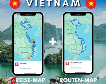 VIETNAM TRAVEL GUIDE – Travel Map >250 Pins – EARLYBlRD PACKAGE – Highlights, travel routes, and much more (+ extra map for motorcycle travel route)