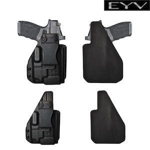 May include: Two black leather holsters for a handgun. The holsters are shown with and without a gun. The holsters are made of a durable material and have a smooth finish. The holsters are designed to fit a variety of handguns.