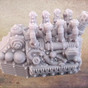 May include: A detailed, light gray miniature engine model with intricate mechanical components. The model features multiple cylinders, pipes, and gears, showcasing a complex design. The overall aesthetic suggests a steampunk or industrial theme.