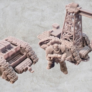 May include: A set of three 3D printed miniatures for a tabletop wargame. The miniatures are painted in a light gray color and depict a tracked vehicle, a crane, and a soldier.