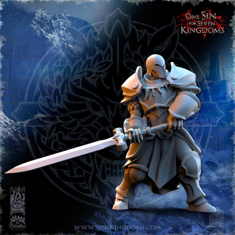 Puede incluir: Figura detallada de un caballero con armadura completa, sosteniendo una espada grande. El caballero est&aacute; en posici&oacute;n de combate. El fondo presenta un dise&ntilde;o oscuro y el texto "One Sin for Seven Kingdoms."
