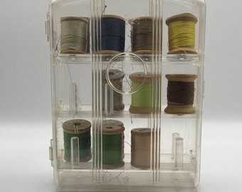 Vintage Plastic Sewing Thread Organizer with Wooden Spools – Mid Century Craft Storage Case