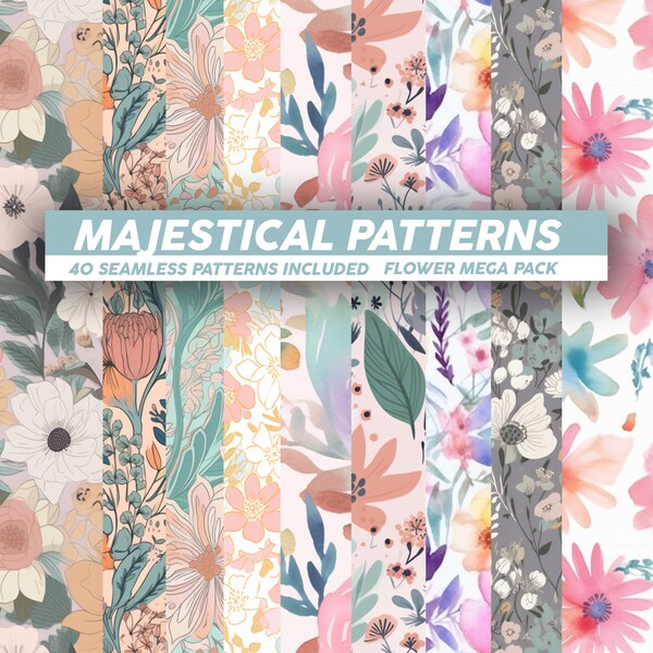 Floral Pattern Seamless Background Digital Paper - Watercolor Pastel Colors Seasonal Flowers ( 40 Patterns )