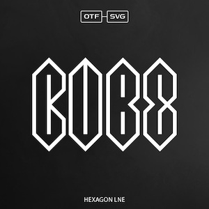 May include: A graphic design featuring the word "COBX" in white, with each letter formed by a hexagon shape. The text is centred on a black background with the words "OTF - SVG" and "HEXAGON LINE" in white at the top and bottom of the image, respectively.