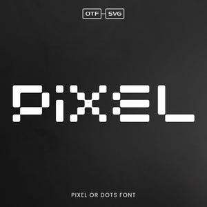 May include: A white pixel font design with the word "PIXEL" in all caps. The text is on a black background. The text below the word "PIXEL" reads "PIXEL OR DOTS FONT".