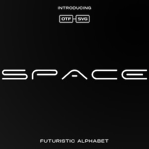 May include: A futuristic font called "Space" in white on a black background. The text "Introducing OTF - SVG" is above the font name. The text "Futuristic Alphabet" is below the font name.
