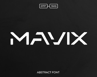 Puede incluir: Un diseño de fuente abstracta blanca con la palabra "MAVIX" en mayúsculas. El texto está sobre un fondo negro con las palabras "ABSTRACT FONT" debajo de la palabra "MAVIX".