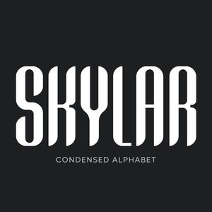 Puede incluir: Texto blanco sobre fondo negro que dice "SKYLAR CONDENSED ALPHABET". La fuente es una fuente condensada sans-serif.