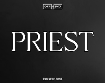 May include: A white font design with the word "PRIEST" in a serif font style. The text is on a black background with the words "PRO SERIF FONT" below it.