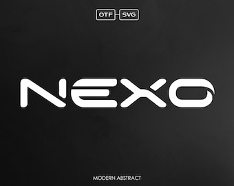 Puede incluir: Logotipo blanco "NEXO" en una fuente moderna y abstracta sobre un fondo negro. La palabra está estilizada con diseños de letras únicos. Encima del logotipo, las letras "OTF" y "SVG" en un cuadro. Texto "MODERN ABSTRACT" debajo.