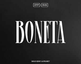 May include: A bold serif alphabet font named "BONETA" in white text on a black background. The text "BOLD SERIF ALPHABET" is below the font name.