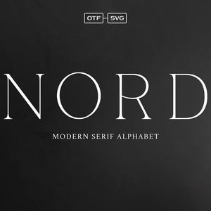 Puede incluir: Un gráfico de texto blanco sobre un fondo negro que dice "NORD MODERN SERIF ALPHABET" con las letras OTF y SVG en cuadros blancos sobre el texto.