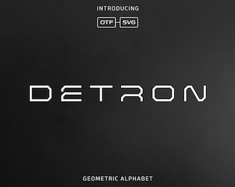 Puede incluir: Presentación de Detron, una fuente de alfabeto geométrico en blanco sobre fondo negro. El texto "OTF - SVG" se muestra en un cuadro blanco.