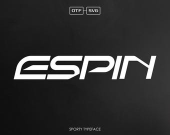 May include: White text on a black background that reads "ESPIN" in a sporty typeface. The text is stylized with angled lines and a bold font.