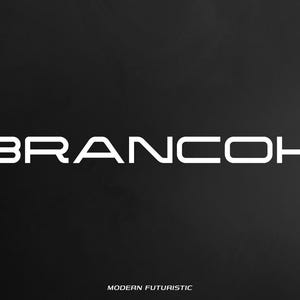 以下が含まれることがあります： 黒い背景に、白の未来的なスタイルのテキスト「BRANCOK」。テキストの下には「MODERN FUTURISTIC」というフレーズがあります。右上隅には「OTF INCLUDE」というテキストがあります。