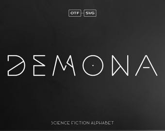 Puede incluir: Un diseño de fuente geométrica blanca para la palabra "DEMONA" con el texto "SCIENCE FICTION ALPHABET" debajo. La fuente es de estilo futurista y minimalista.