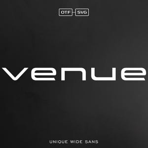 May include: White text on a black background reads "venue" in a unique wide sans-serif font. The text is centered on the image. The words "OTF - SVG" are in a smaller white font in a rectangle at the top of the image. The words "UNIQUE WIDE SANS" are in a smaller white font at the bottom of the image.