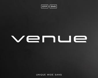 Puede incluir: Texto blanco sobre fondo negro que dice "venue" en una fuente sans-serif ancha y única. El texto está centrado en la imagen. Las palabras "OTF - SVG" están en una fuente blanca más pequeña en un rectángulo en la parte superior de la imagen. Las palabras "UNIQUE WIDE SANS" están en una fuente blanca más pequeña en la parte inferior de la imagen.