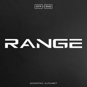 May include: Geometric font design with the word "RANGE" in white letters on a black background. The text "GEOMETRIC ALPHABET" is below the word "RANGE".