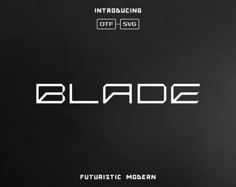May include: A futuristic font called "Blade" in white text on a black background. The text "Introducing OTF SVG" is above the font name and the text "Futuristic Modern" is below the font name.