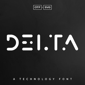 Pode incluir: Um design de fonte branca com a palavra "DELTA" em um estilo futurista e geométrico. O texto está em um fundo preto e as palavras "A TECHNOLOGY FONT" estão abaixo da palavra "DELTA".