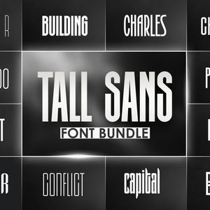 Puede incluir: Un diseño gráfico que presenta un paquete de fuentes titulado "TALL SANS FONT BUNDLE". La imagen muestra varios estilos de fuente, incluyendo "SNIPER", "BUILDING", "CHARLES", "CHEMICAL", "BAMBOO", "TALLEST", "SKYLAR", "CONFLICT", "CAPITAL", "BRISTO", "PODCAST" y "RUBIC".