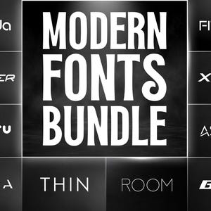 Könnte beinhalten: Schwarz-weiße Grafik mit dem Text "MODERN FONTS BUNDLE" in großen, fetten Buchstaben. Um den zentralen Text herum sind Beispiele für verschiedene Schriftarten zu sehen, darunter "Vagoda", "Spacer", "Montu", "Nova", "Thin", "Room", "Fitness", "Xero", "Astivo" und "Brix".