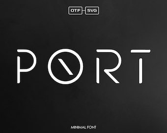 May include: A minimalist font design featuring the word "PORT" in white against a black background. The font is geometric and modern, with a clean and simple style. The text "OTF - SVG" and "MINIMAL FONT" are also included in the image.