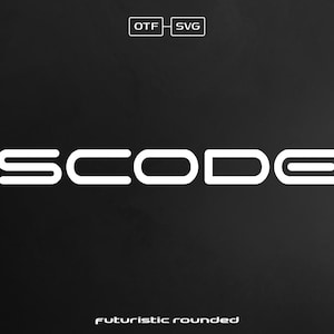 以下が含まれることがあります： 黒い背景に白い文字で「SCODE」と表示されています。未来的な丸みを帯びたフォントスタイルです。