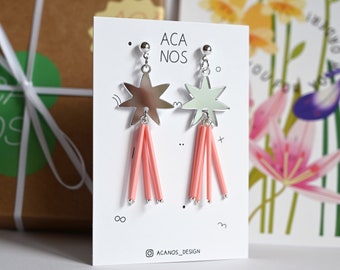 pink tassel earrings, summer earrings, shooting star earrings,acrylic laser cut star earrings, shine bright earrings