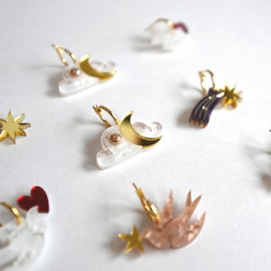 mix and match earrings,mismatched celestial earrings, laser cut acrylic earrings, mismatched dangle earrings set