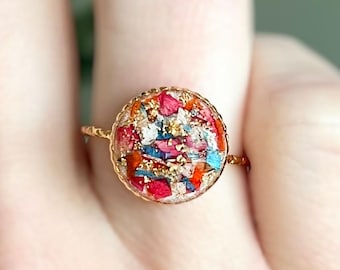 Custom Birth Flower Ring | Personalized Birth Flower Jewelry | Gold or Silver Plated Band | Adjustable Ring