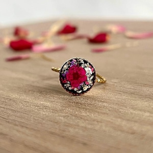 Pressed Pink Flower Ring Gold | Adjustable Resin Ring with White & Purple Wildflowers | Black Resin Ring | Shimmering Fall Floral Jewelry