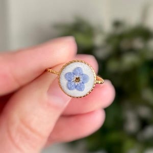Pressed Forget Me Not Flower Ring | Gold Minimalist Ring | Real Flower Adjustable Ring | Resin Forget Me Not Jewelry | Small Summer Jewelry