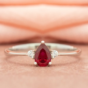 Pear Cut Ruby Ring: 14K White Gold CZ Accent, July Birthstone