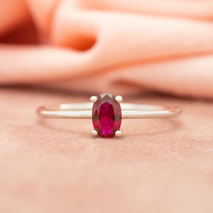 Dainty Oval Ruby Ring: White Gold Solitaire Stacking Ring