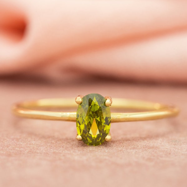 14K Solid Gold Peridot Oval Ring | Peridot Jewelry | Peridot Gemstone Wedding Ring | Anniversary Ring | Dainty Gold Ring | Green Stone Ring