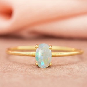 14K Gold Opal Ring, Oval Opal Stacking Ring, Dainty October Birthstone Ring, Thin Minimalist Gold Ring for Women, Elegant Opal Jewelry Gift
