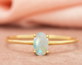 14K Gold Opal Ring Stacking Opal Ring Dainty Opal Ring Oval Opal Ring October Birthstone Ring Thin Gold Ring Minimalist Ring for women