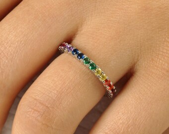 14K Gold Rainbow Pride Ring: Colorful Eternity Band